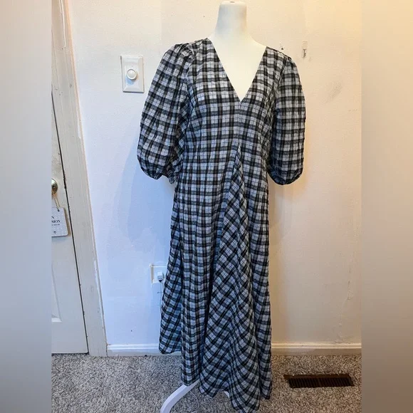 Ganni Seersucker Checkered Maxi Dress Blue/White Size 10 - Picture 2 of 6